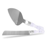Espátula E Faca Pães Bolo Torta Conjunto Acrílico Inox Luxo Cor Transparente