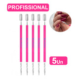 Espátulas Palito De Cutícula Rosca Mista Aço Inox De Unha Cutelaria Silicone Rosa Manicure 5 Unidades