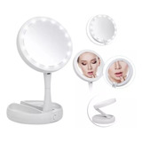 Espelho Duplo De Mesa Maquiagem Zoom 10x Luz Led Dobrável
