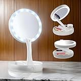 Espelho Facial De Camarim LED Articulável Com Aumento 10x Para Maquiagem E Barbear Portátil Dobrável Iluminação Ajustável Design Compacto Prático E Funcional Para Uso Diário
