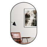 Espelho Oval Decorativo 100x50 Com Borda Em Couro Suporte Moldura Preto