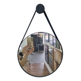 Espelho Redondo Adnet 90cm Moldura E Alça Couro Preto