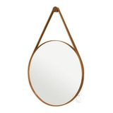 Espelho Redondo Decorativo 60cm Alça De Couro Costura Branca Cor Da Moldura Caramelo Rei Dos Vidros