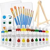 ESRICH Conjunto De 26 Peças De Tintas Acrílicas Com Tintas Acrílicas De 12 Cores 12 Ml 11 3 G 10 Pincéis 2 Telas 1 Cavalete De Madeira 1 Placa Kits De Materiais De Pintura Para Crianças 