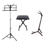 Estante Partitura Suporte Violão Banco Kit 3 Produtos