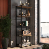 Estante Retro Livreiro Em Metal E Madeira C Estilo Vintage Cor Lamina Com Preto