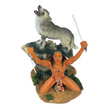 Estatua Índio Xamã Guerreiro Caçador Lobo Cinzento 16cm