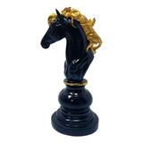 Estátua Para Decoração Luxo Chess Cavalo Preto Resina Verito Cor Preto E Dourado