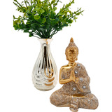 Estatueta Buda Resina E Vaso Com Planta Artificial Decoração