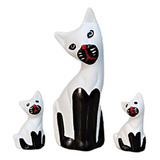 Estatueta Enfeite Trio Gato Bali Mini De Ceramica Cor Preto branco