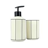 ETHMIX Kit Banheiro Em Porcelana 2 Pçs Dispenser Para Sabonete Líquido E Porta Escovas Branco Com Listras Pretas
