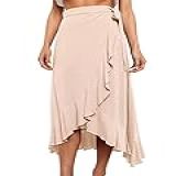 Ezcosplay Saia Feminina Com Babados Cintura Amarrada Boêmia Assimétrica Assimétrica Midi Para Praia Bege G