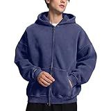 FAIABLE Moletom Com Capuz Masculino Feminino Com Zíper Duplo Grande Lavagem ácida Moletom Com Capuz De Lã Pesada Algodão Com Zíper Vintage Azul GG