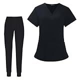 Fancyes Enfermeira Roupas De Trabalho Uniforme De Enfermagem Feminino Esfrega Conjunto Cintura Elástica Elegante Decote Em V Topos E Calças Jogger Para Salão Preto Eu