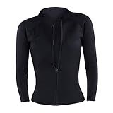 Fancyes Wetsuits Top Jaqueta Mulheres 2 Três Milímetros De Neoprene Manga Longa Camisa Frente Zip Esportes Para Mergulho Surf Terno De Natação Snorkel - Todo Preto- S