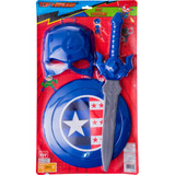 Fantasia Azul Super Herói Escudo Máscara E Espada
