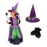 Fantasia Bruxinha Infantil Halloween Vestido Longo Chapeu
