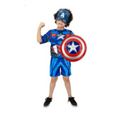 Fantasia Curta Capitão América Com Escudo E Mascara Infantil