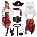 Fantasia De Pirata Feminina Renascentista Camisa Listrada Saia Bandana Espartilho Cintura Olho Patch Bússola Pingente Conjunto De Cinto 2GG