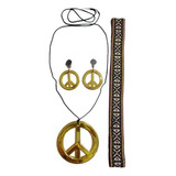 Fantasia Hippie Anos 70 Faixa Brinco Colar Acessório Hippie Cor Dourado