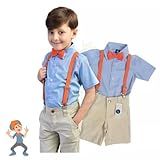 Fantasia Infantil Blippi Camisa Azul Com Suspensório E Gravata Borboleta Laranja Conjunto Completo Roupa Blippi Infantil Festa Aniversario Bebê Menino Padrão Bege 2 CRIANÇAS DE 13 A 15 KG 