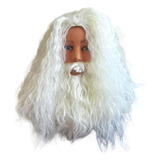 Fantasia Peruca E Barba Com Bigode Branco Mago Papai Noel