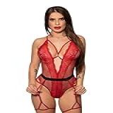 Fantasia Sexy Body Maçã Proibida Em Arrastão E Renda Decotado   Cinta Liga  GG  Vermelho 