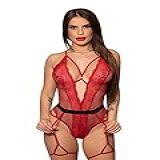 Fantasia Sexy Body Maçã Proibida Em Arrastão E Renda Decotado Cinta Liga GG Vermelho 
