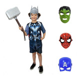 Fantasia Thor Com Martelo E Kit 4 Mascaras Avengers Ultimato