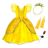 Fantasia Vestido Bela E A Fera Infantil Rosa Coroa Luvas