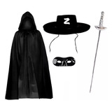 Fantasia Zorro Chapéu Máscara Capa Espada Carnaval Halloween