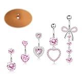 FIBO STEEL Anel De Umbigo Banhado A Ouro 14K Para Mulheres 316L Aço Cirúrgico 316L Anel De Umbigo Rosa Coração Piercing De Umbigo Barra CZ Clicker Piercing De Barriga Joia Dangly 14G Metal Zircônia