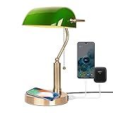 FIRVRE Luminária De Mesa De Vidro Verde Para Leitura E27 Classic Retro LED Com Porta USB De Carregamento Sem Fio Vintage Latão Interruptor De Corrente De Puxar Mesa De Cabeceira Luz De Cabeceira Para