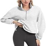 FKEEP Pulôver Feminino Curto Com Zíper De Um Quarto De Manga Comprida Cropped Top Gola Alta Cordão Casual Pulôver- Cinza-claro- M
