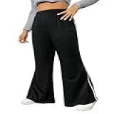 Floerns Calça Feminina Plus Size Listrada Lateral Elástica Cintura Alta Flare Perna Preto 3G Plus Size