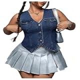 Floerns Colete Jeans Feminino Plus Size Sem Mangas Abotoado Gola V Jaqueta Jeans Lavagem Escura 3X Large Plus