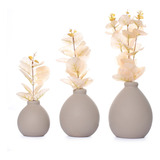 Flor Artificial Decorativa Toque Real Trio De Vasos Cerâmica Cor Flor Off White