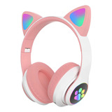 Fone De Ouvido Bluetooth Led Orelha Gato Iuz Headphone Cor Rosa Luz Rgb
