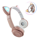 Fone De Ouvido Sem Fio Gatinho Led Bluetooth Infantil Rosa Luz Rgb