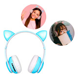Fone Orelha Gato Sem Fio Com Led Bluetooth Infantil Azul Cor Da Luz Colorido