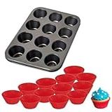 Forma Assadeira De Aço Carbono Antiaderente Para Cupcakes Com 12 Cavidades 12 Formas De Silicone