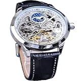 FORSINING Relógio Masculino Esqueleto Fase Da Lua Mecânico Turbilhão Automático Relógio De Pulso Duplo Fuso Horário Pulseira De Couro Luxo Mostrador Grande Branco