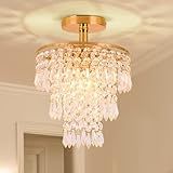 FRIXCHUR Lustre De Cristal De Tamanho Pequeno Moderno Montagem Embutida 3 Camadas Pingos De Chuva Pingente De Cristal Luminária Decoração Para Quarto Corredor Sala De Estar Base E26 Ouro