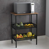 Fruteira De Chão Para Cozinha Estilo Industrial Com 2 Cestos Cor Aço Preto Fosco Mdf Imbuia