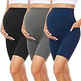 FULLSOFT Pacote Com 3 Shorts Para Gestantes Acima Da Barriga 20 32 Cm Com Bolsos Calça Ativa Para Grávidas De Cintura Alta 2 1 Preto 1 Cinza Escuro 1 Azul Marinho P
