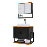 Gabinete Completo Balcão Com Cuba Londres Premium Armario Para Banheiro Com Espelheira Cor Preto