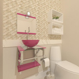 Gabinete De Vidro Para Banheiro 40cm Inox Rosa Com Torneira