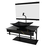 Gabinete De Vidro Para Banheiro 50x40cm Com Cuba Quadrada- Espelho E Válvula Click -Mármore Preto Dourado-