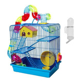 Gaiola Hamster Completa Azul Bebedouro Tubos 3 Andares Luxo