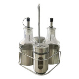 Galheteiro 4 Pçs C suporte Aço Inox Vidro Azeite Vinagre Sal